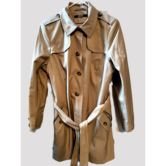 DKNY Womens Size 1X Khaki Trench Coat Button Front Lined Long Sleeve Jacket - Picture 1 of 9